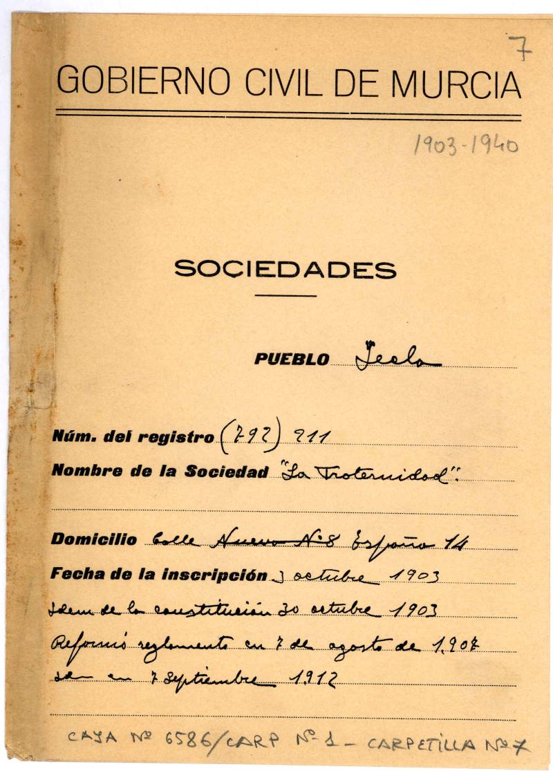 Expediente del Gobierno Civil de Murcia de la Sociedad de Socorros mutuos La Fraternidad de Yecla. Años 1903-1940.